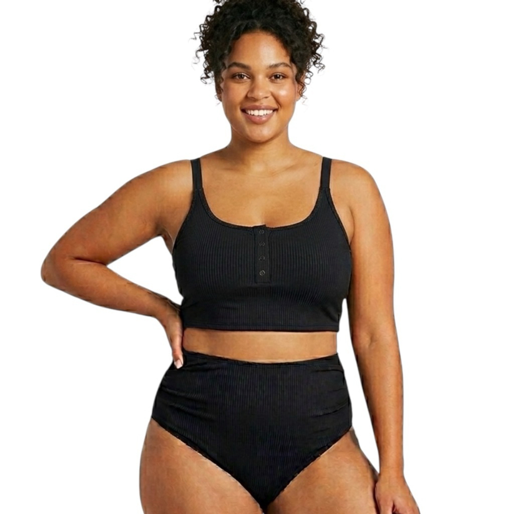 Yonique Black Ribbed High Waisted Bikini Set 22W NWT